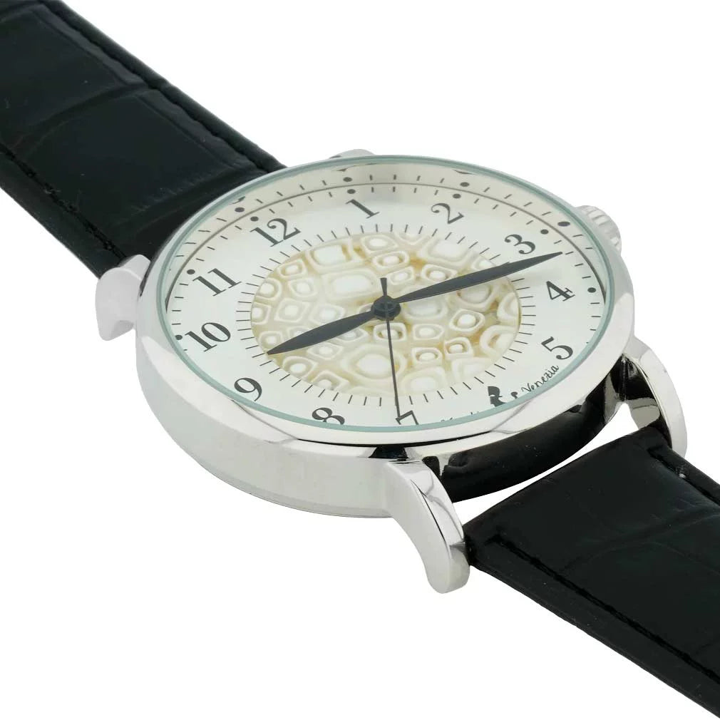 GlassOfVenice Murano Glass Men's Millefiori Watch With Leather Band - White and Black