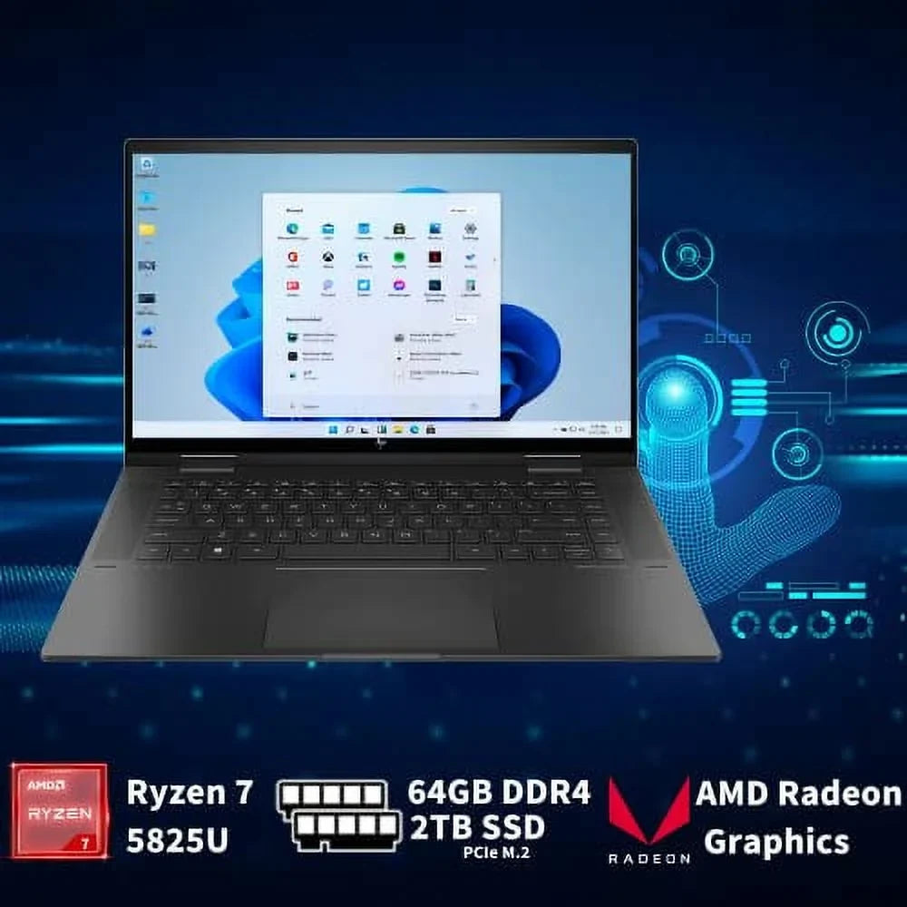 HP 2022 Envy x360 2-in-1 15.6" Touchscreen Computer, AMD Ryzen 7 5825U, 64GB RAM, 2TB PCIe SSD, AMD Radeon Graphics, True Vision 5MP IR Camera, Backlit Keyboard, Win 11, Black, 32GB USB Card