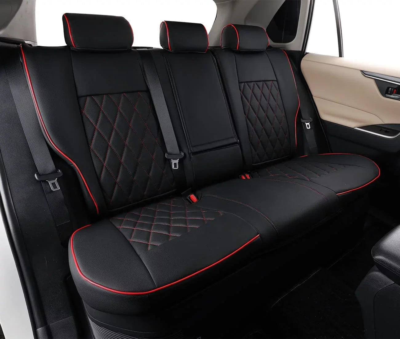 EKR Custom Fit Taos Car Seat Covers for Volkswagen Taos S SE 2022 2023-Full Set Leather Auto Seat Covers(Black with Red Trim)