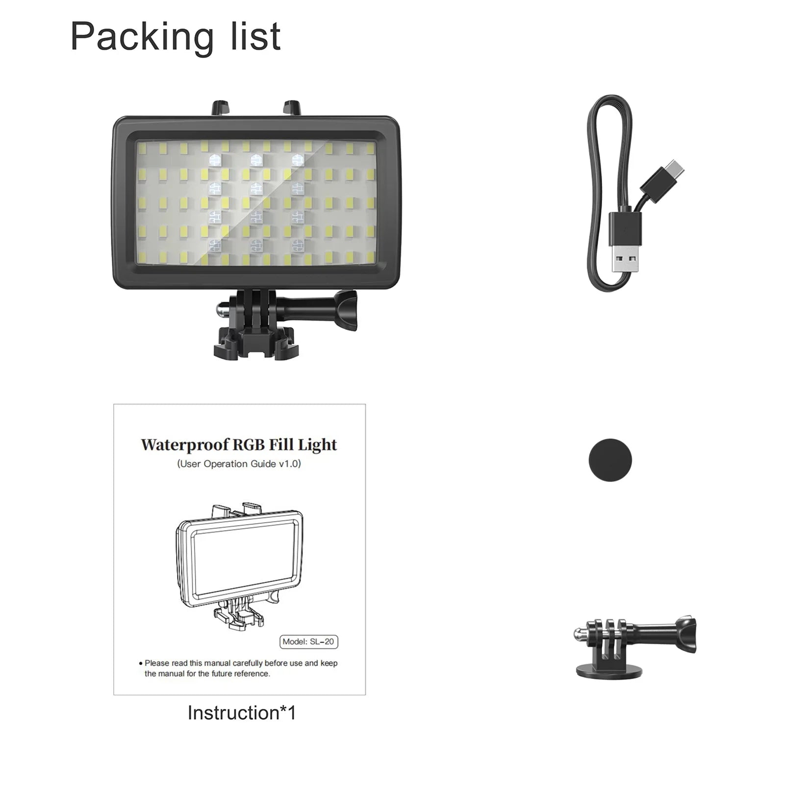 Walmeck Andoer SL-20 Waterproof RGB Fill   Video  8  Modes CRI95+ Dimmable IPX8 Underwater 40M Built-in Rechargeable Battery for Diving Snorkeling Underwater Photography Video Replacement for GoPro
