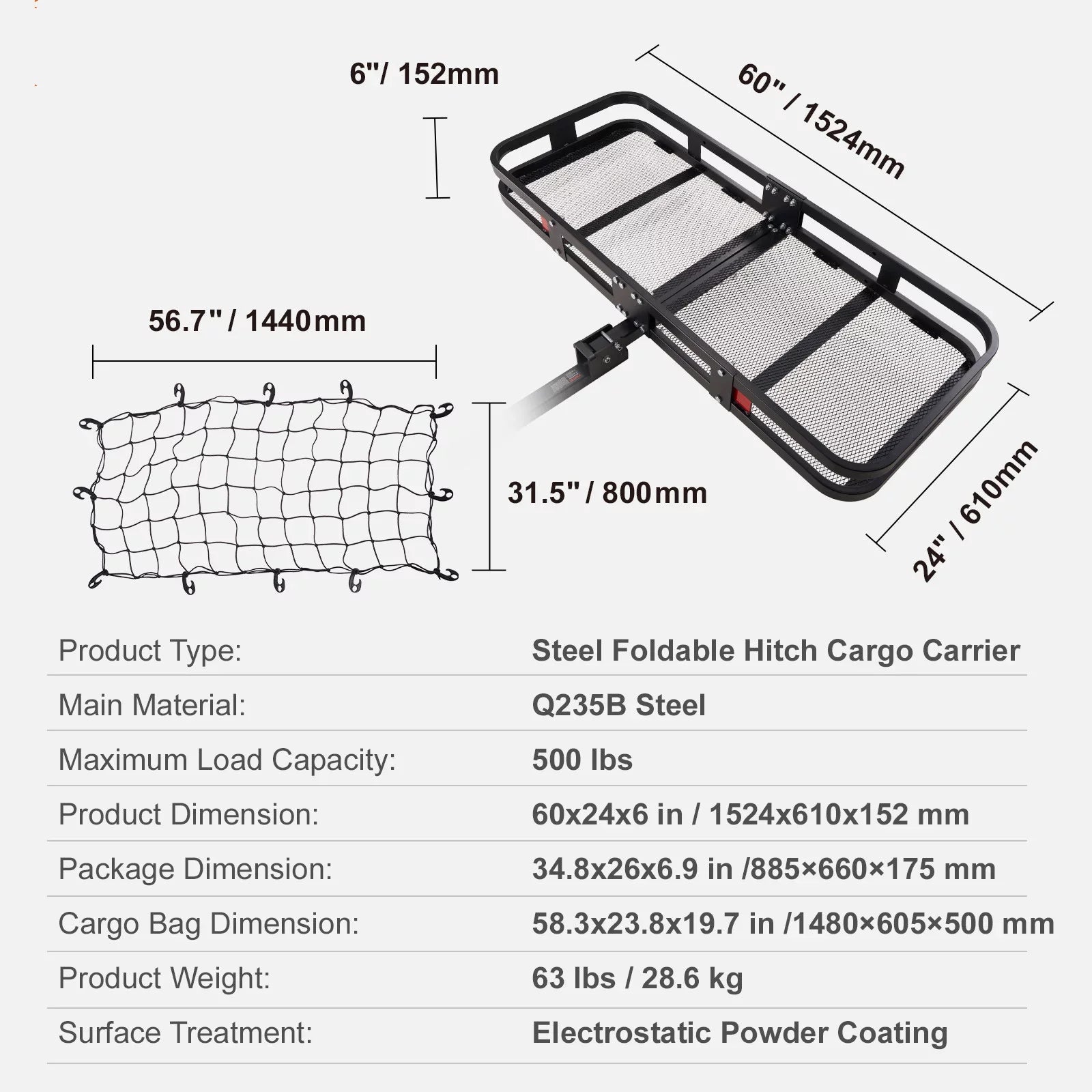 BENTISM Hitch Mount Cargo Carrier 60x24x6in 500lb Foldable Steel Cargo Basket with Waterproof Bag Cargo Net Ratchet Straps Fits 2" Receiver