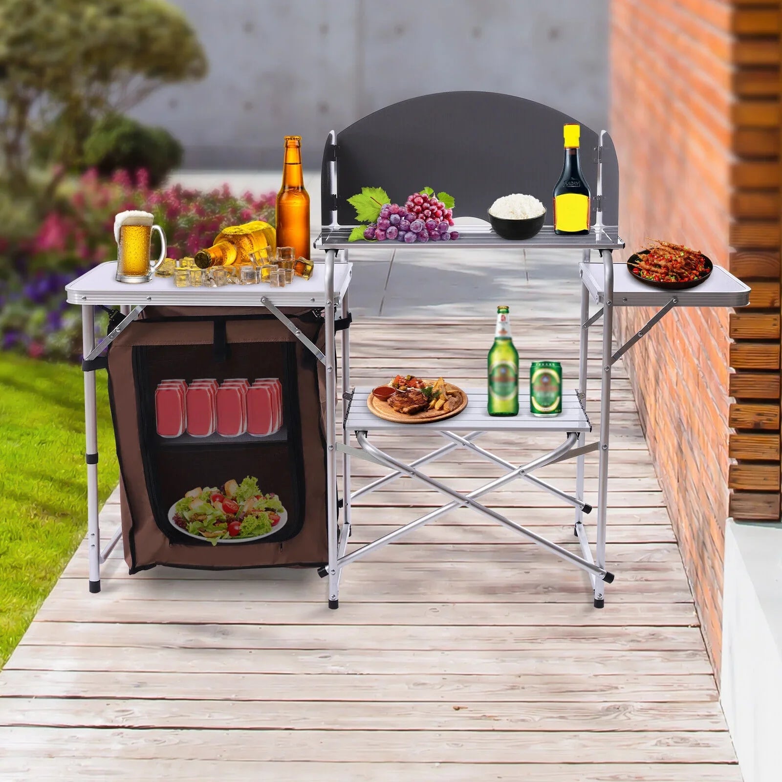 Miumaeov Portable Camping Kitchen Table Picnic Cabinet Folding BBQ Table Storage Rack