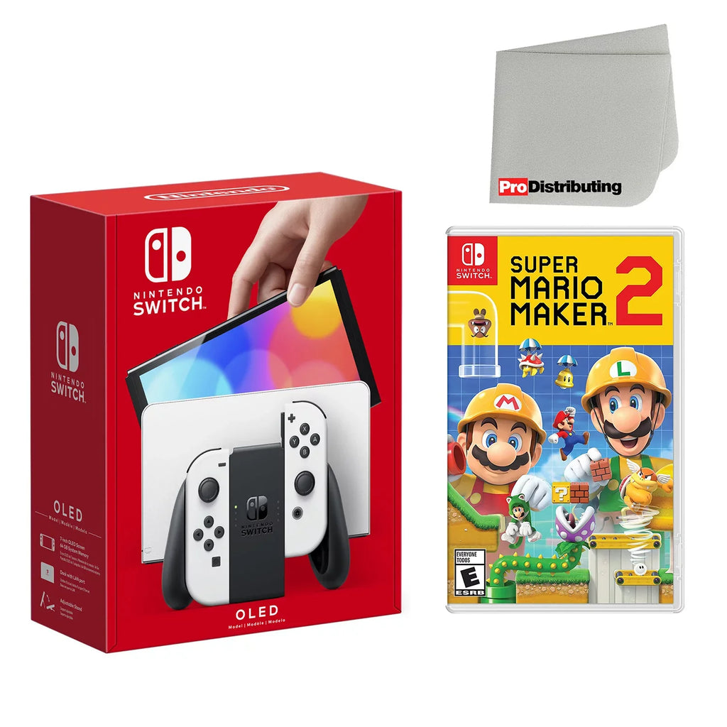 Nintendo Switch OLED Console White with Super Mario Maker 2 and Screen Cleaning Cloth