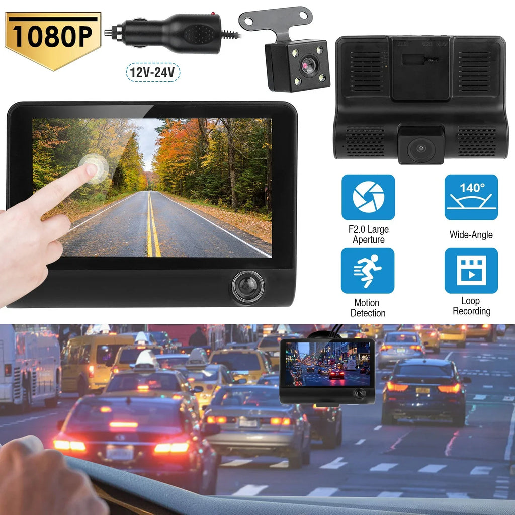 FHD Car DVR Dash Camera, iMounTEK Dash Camera 1080P 4in IPS Touch Screen 3 Channel Dash Cam(Front, Inside, Rear) Vehicle Driving Recorder Seamless Loop Recording Motion Detection
