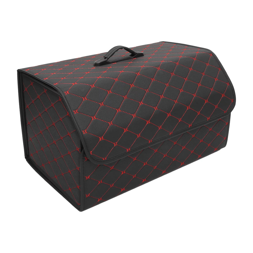 54x31x29cm Black PU Leather Car Storage Bag Trunk Organiser Foldable Boot Bag with Handle for Truck SUV Red Stitches