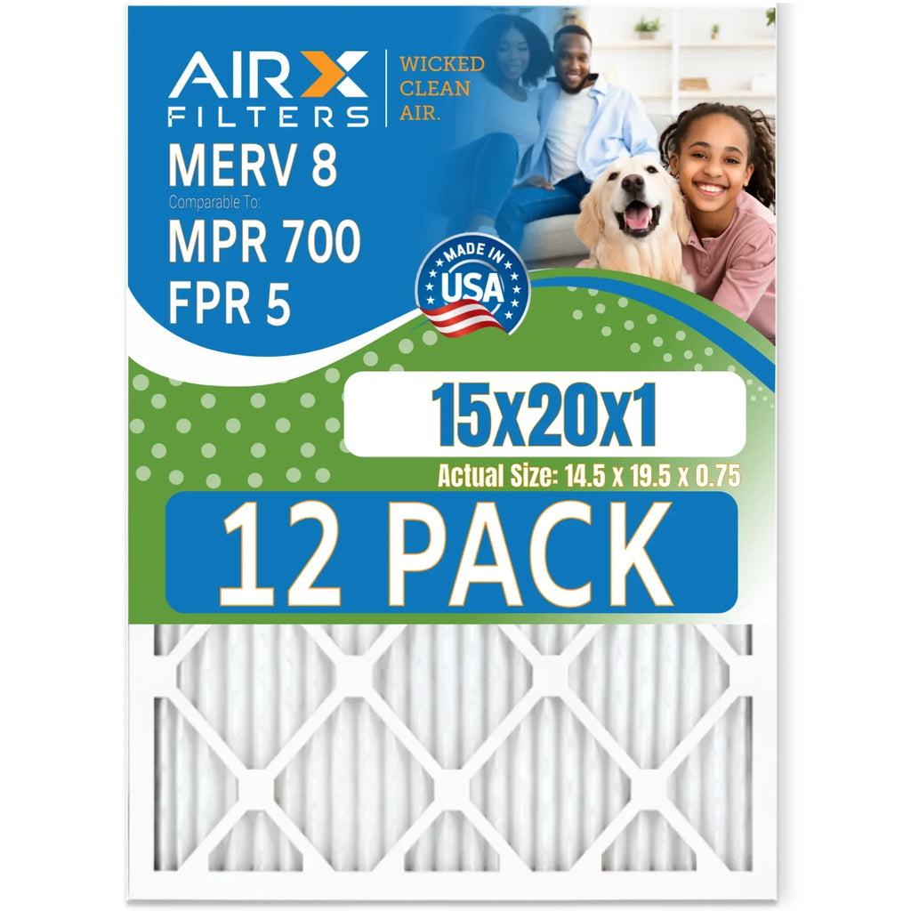 15x20x1 Air Filter MERV 8 Rating, 12 Pack of Furnace Filters Comparable to MPR 700 & FPR 5 - Made in USA by AIRX FILTERS WICKED CLEAN AIR.