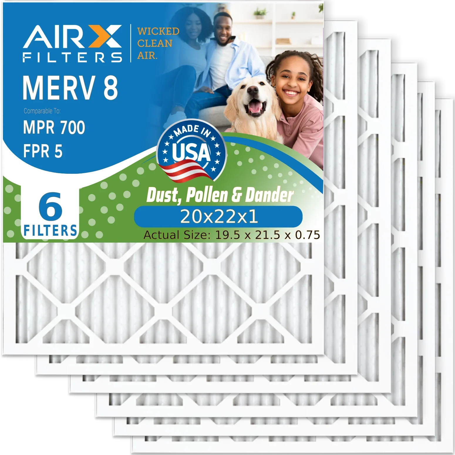 20x22x1 Air Filter MERV 8 Comparable to MPR 700 & FPR 5 Electrostatic Pleated Air Conditioner Filter 6 Pack HVAC AC Premium USA Made 20x22x1 Furnace Filters by AIRX FILTERS WICKED CLEAN AIR.