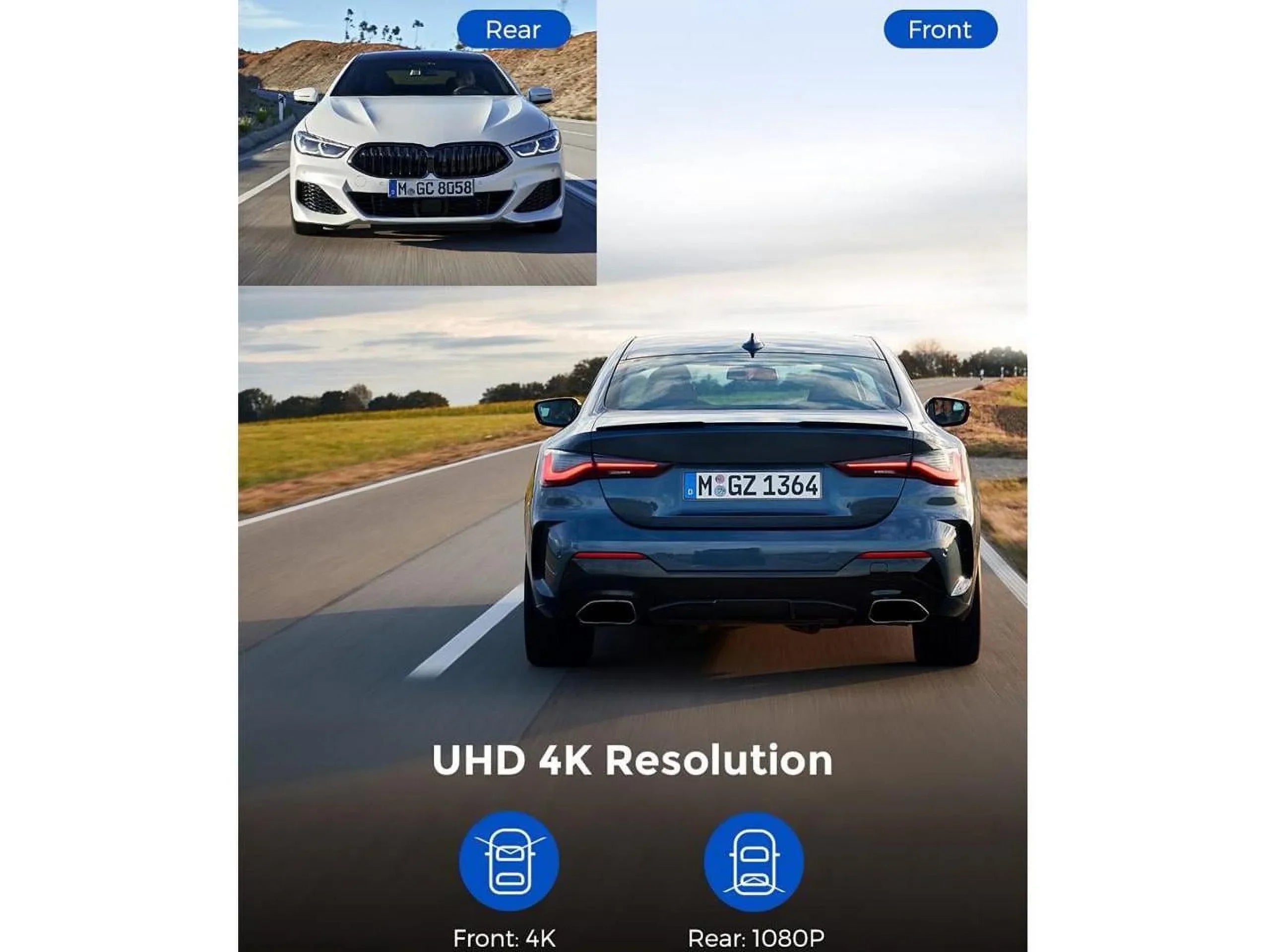 4K Dual Dash Cam, Built-in GPS/WiFi , Dashboard Camera UHD 4K, 2" Screen, 170° FOV, WDR, Night Vision, Parking Monitor, Loop Recording, G-Sensor
