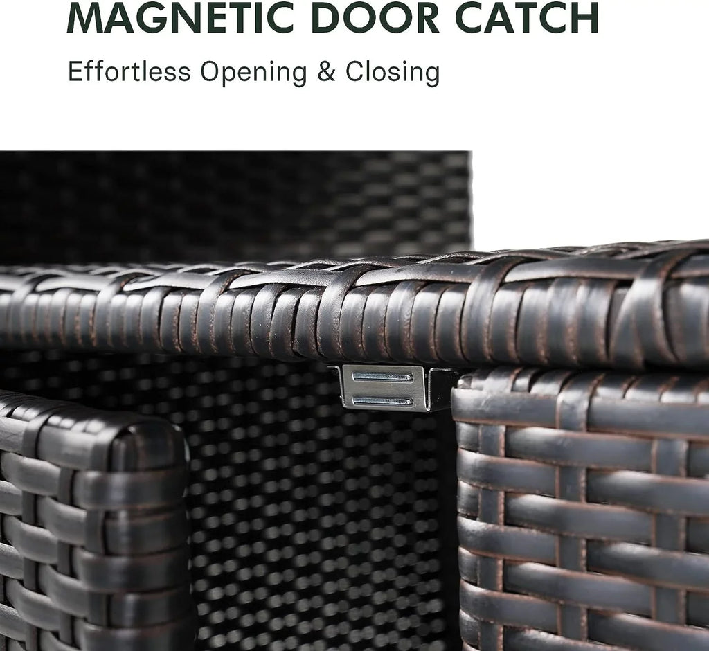 AUCHI Indoor Outdoor 2-Door Wicker Storage Cabinet with Shelf, Powder Coated Steel, All Weather Resin Wicker, Dark Brown