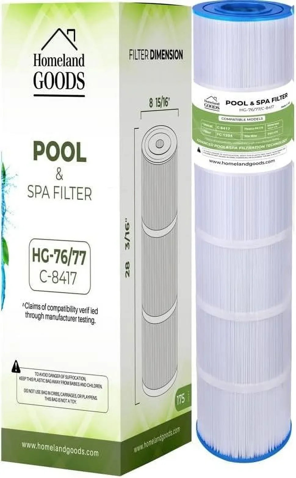 Homeland Goods PLF175A Pool Filter Replaces Hayward C1750, CX1750RE, PA175, Unicel C-8417, Filbur FC-1294, Sta-Rite PXC 175, Waterway PCCF-175, 25230-0175S, 817-0175P, 175 sqft 28 3/16" x 8 15/16" 1PK