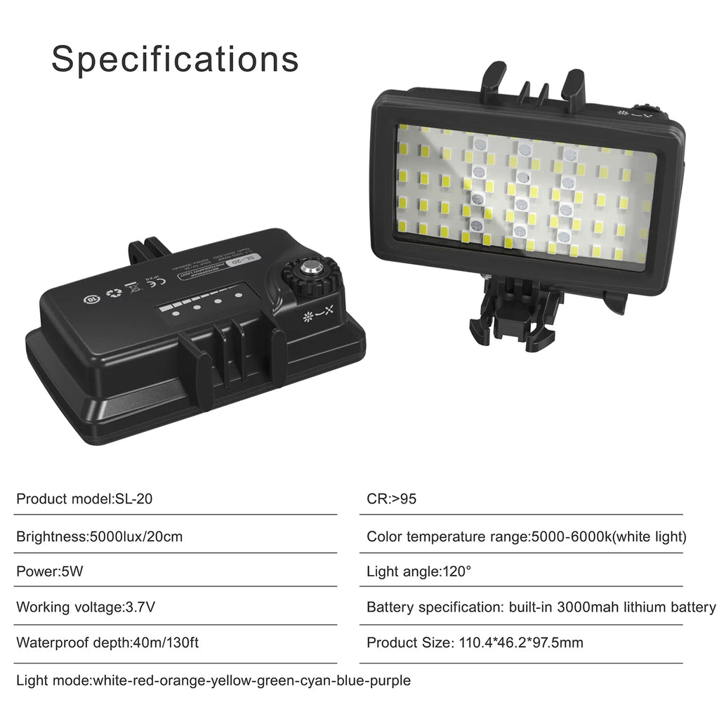 Walmeck Andoer SL-20 Waterproof RGB Fill   Video  8  Modes CRI95+ Dimmable IPX8 Underwater 40M Built-in Rechargeable Battery for Diving Snorkeling Underwater Photography Video Replacement for GoPro