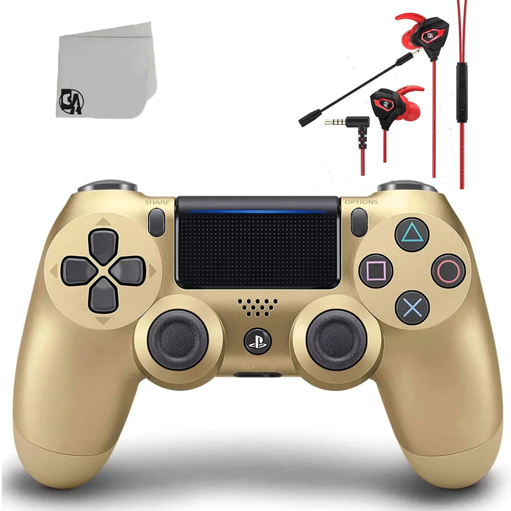Pre-Owned Sony Dual Shock Gold Gaming Controller For PS4 Console + Wired Earbuds BOLT AXTION Bundle (Refurbished: Like New)
