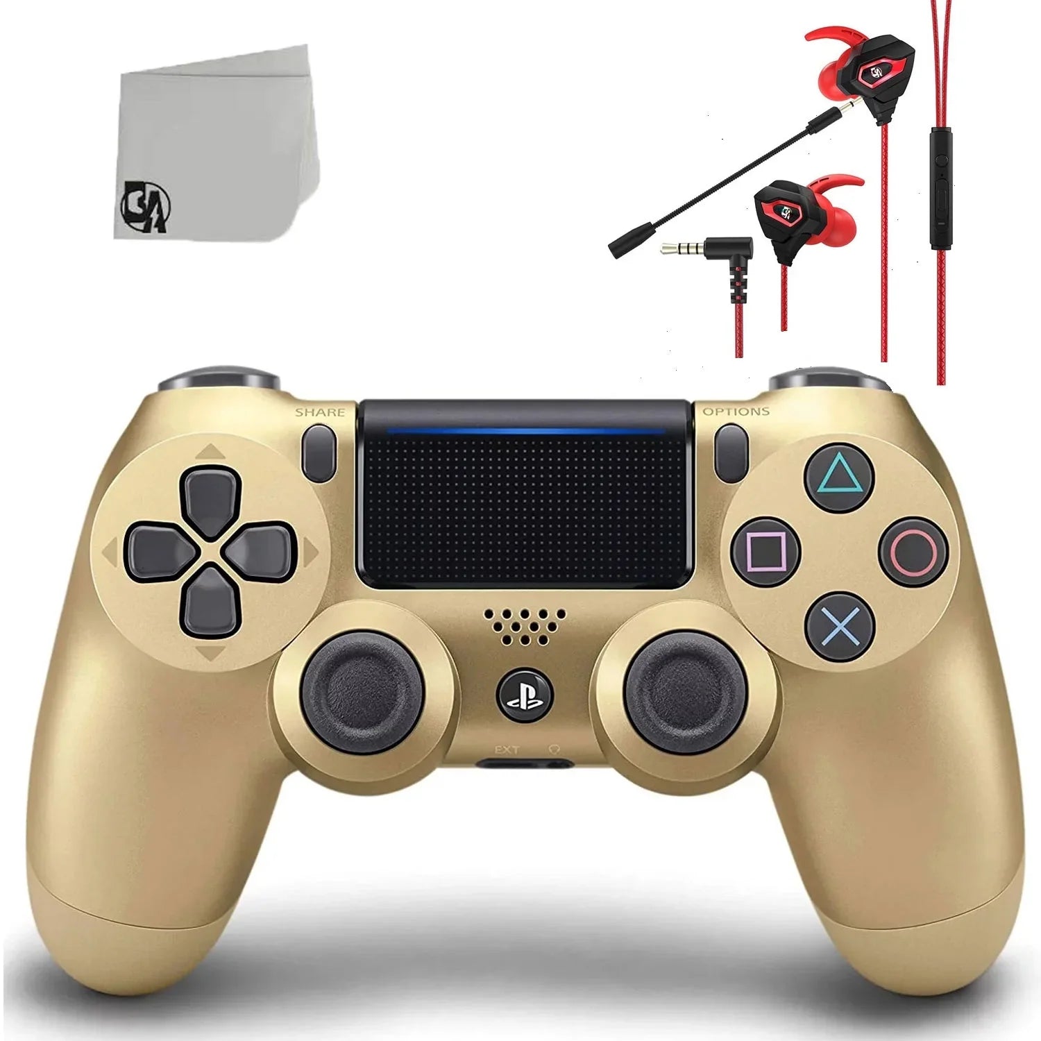 Pre-Owned Sony Dual Shock Gold Gaming Controller For PS4 Console + Wired Earbuds BOLT AXTION Bundle (Refurbished: Like New)