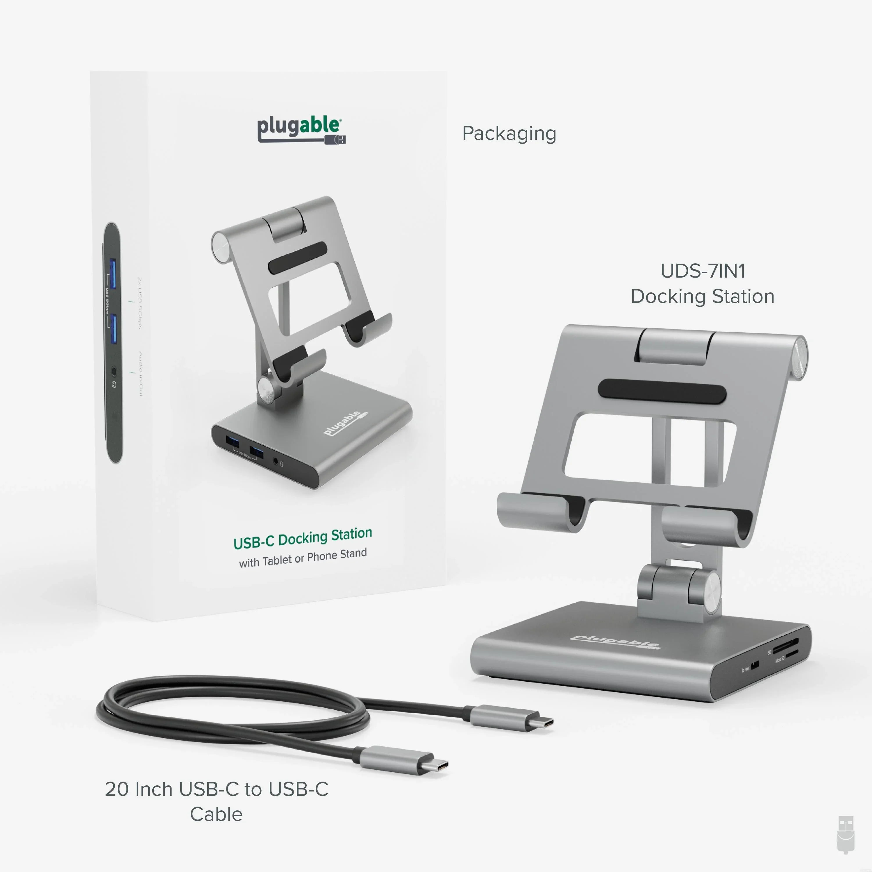 Plugable 8-in-1 USB C Docking Station for iPad with Stand, 100W Pass-through Charging USB-C Hub, 1x HDMI, 2x USB, Audio, and SD, Compatible with Windows, iPadOS, USB-C Phones, and Tablets