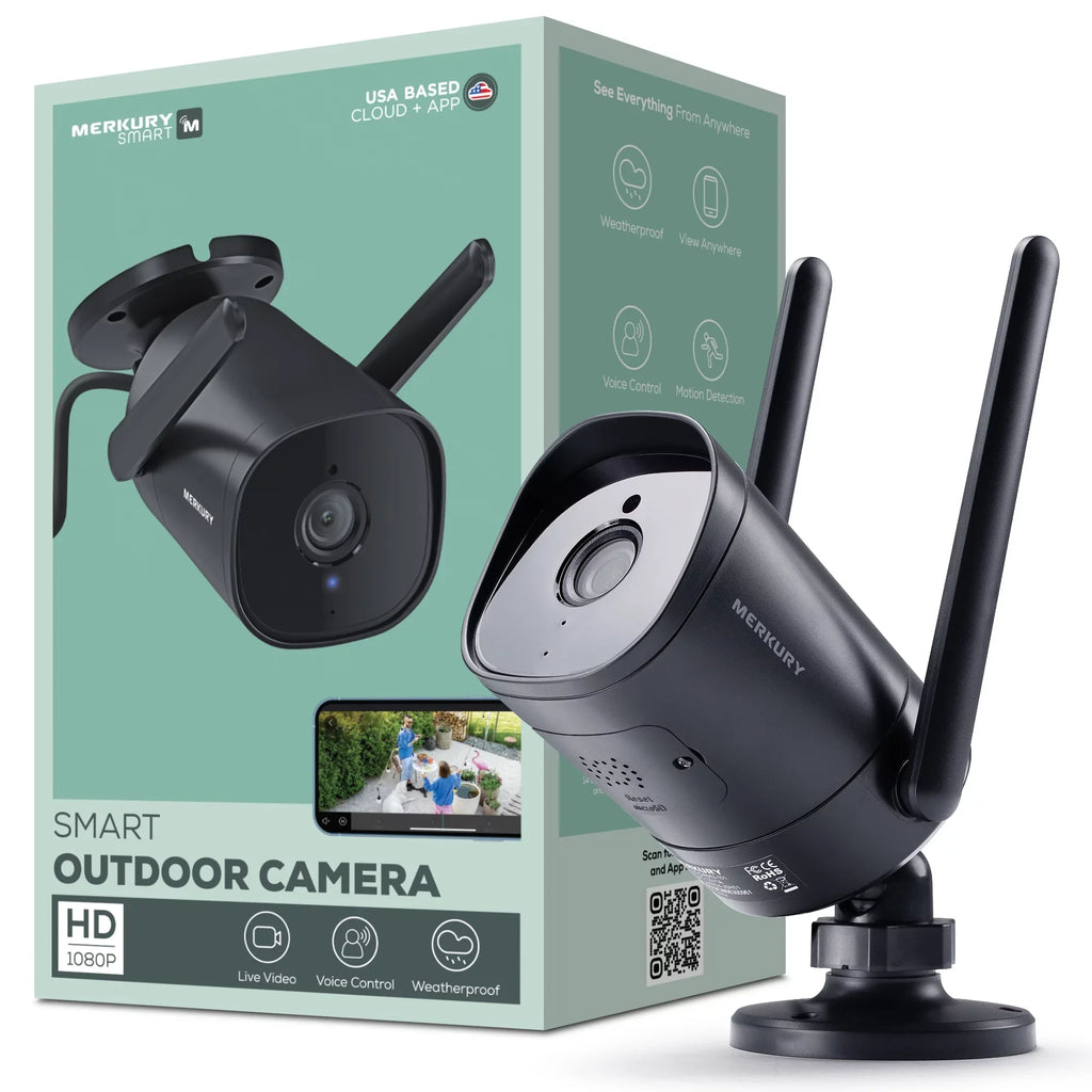 Merkury Smart 1080P Smart Outdoor Security Camera - Weatherproof, Night Vision, 2-Way Audio, Black, Wi-Fi