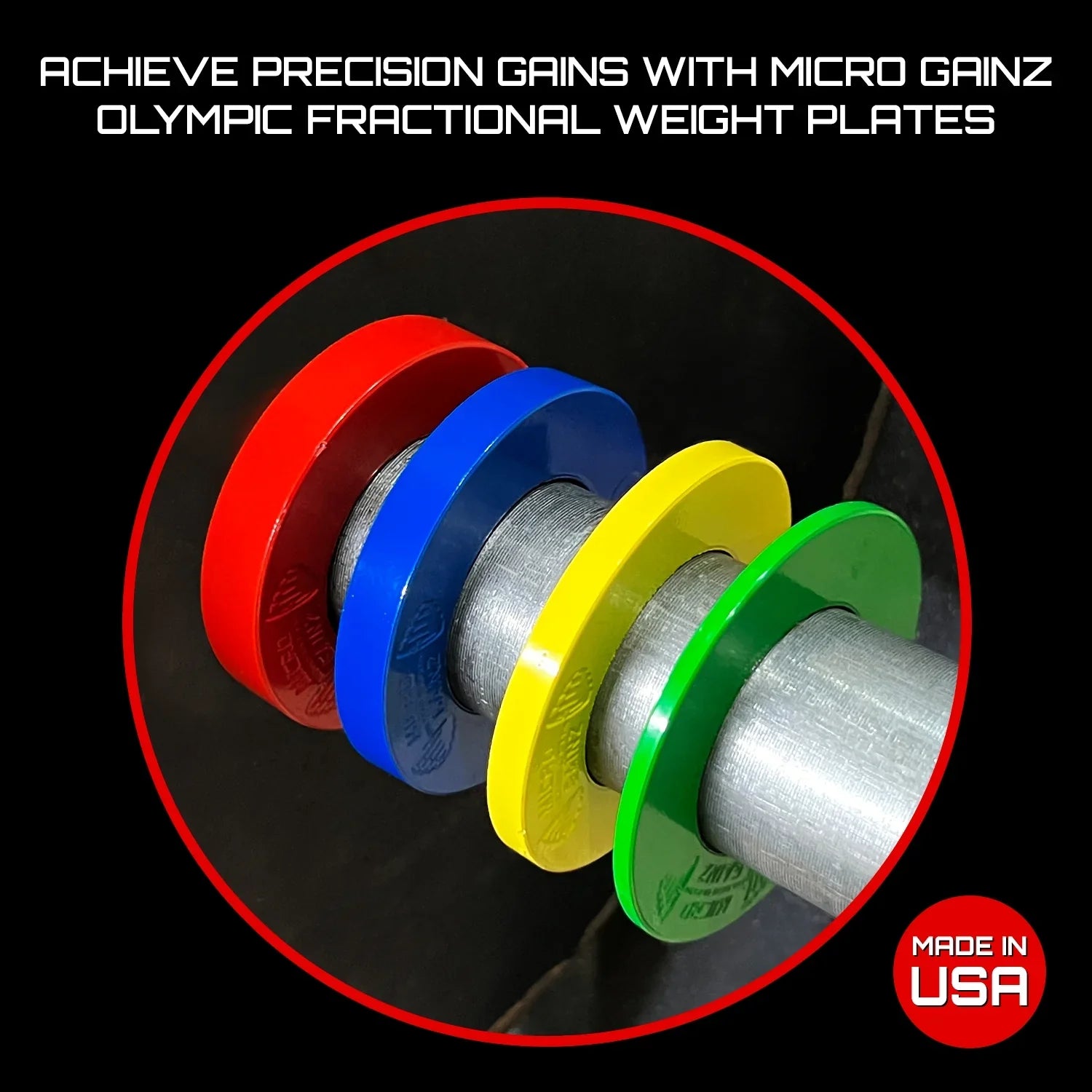 Micro Gainz Multi-Color Calibrated Fractional Weight Plate Set of .25LB-.50LB-.75LB-1LB Plates (8 Plate Set) w/ Bag- For Olympic Barbells, Made in USA