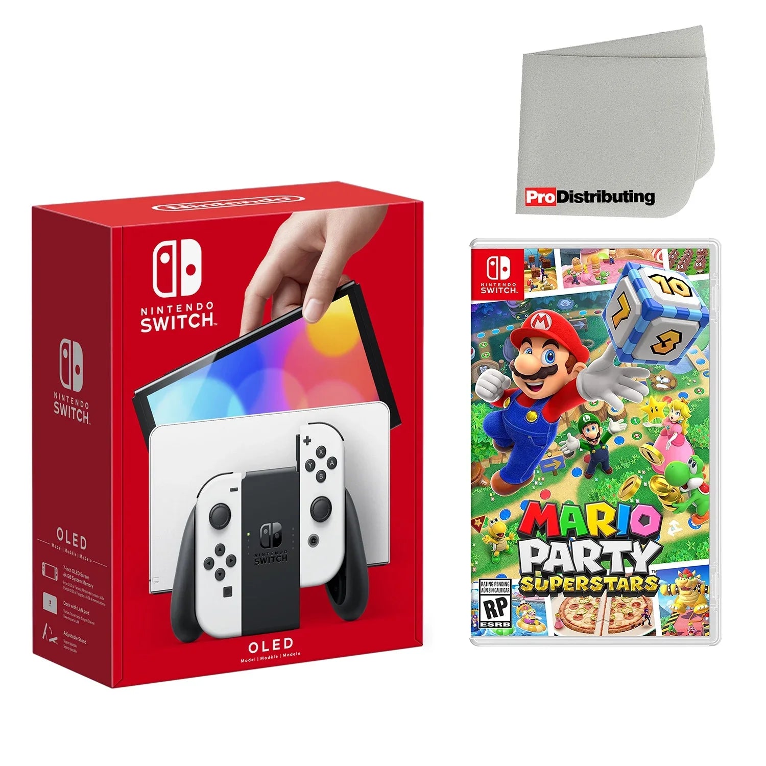 Nintendo Switch OLED Console White with Mario Party Superstars and Screen Cleaning Cloth