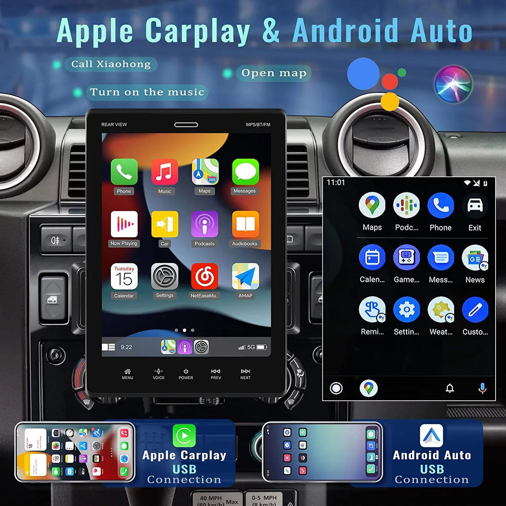 Podofo Single Din 9.5'' Car Stereo with Apple Carplay Android Auto HD Touch Screen Car MP5 Player Car Radio Bluetooth Mirror Link USB FM,with 12 LED Rear Camera