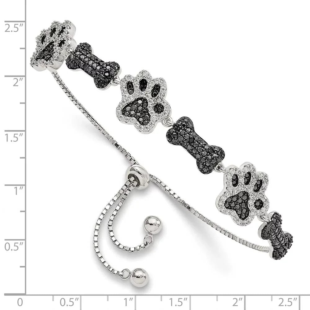 Sterling Silver Polished CZ Paw Print & Dog Bone Adj Bracelet