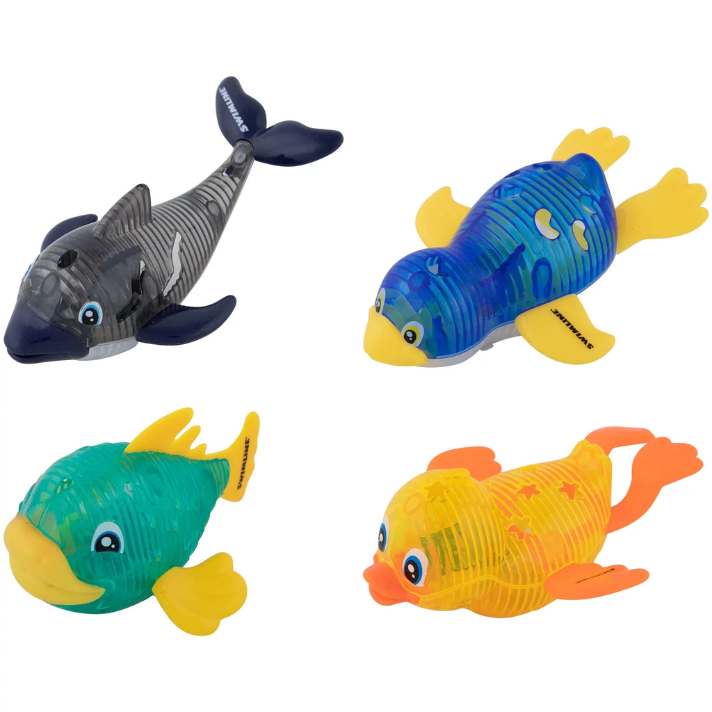 SWIMLINE ORIGINAL 4-Pack Diving Toys LED Light-Up Glowing Sea Animal Fun Pals Catch The Fish Retrieval Game For Swimming Pool & Bath Tub For Kids Multi Color Flashing Underwater Dive Practice Learn