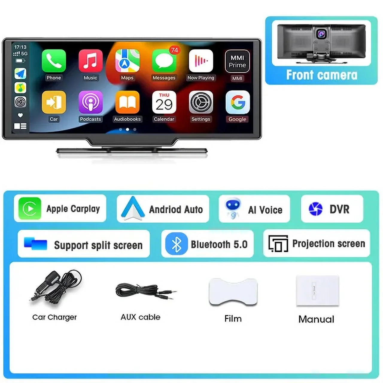 Masslatie 10.26 Inch Dash Cam Rearview Camera Carplay & Android Auto DVR GPS Navigation Video Dashboard Mirror Monitor Car DVRS,Front camera