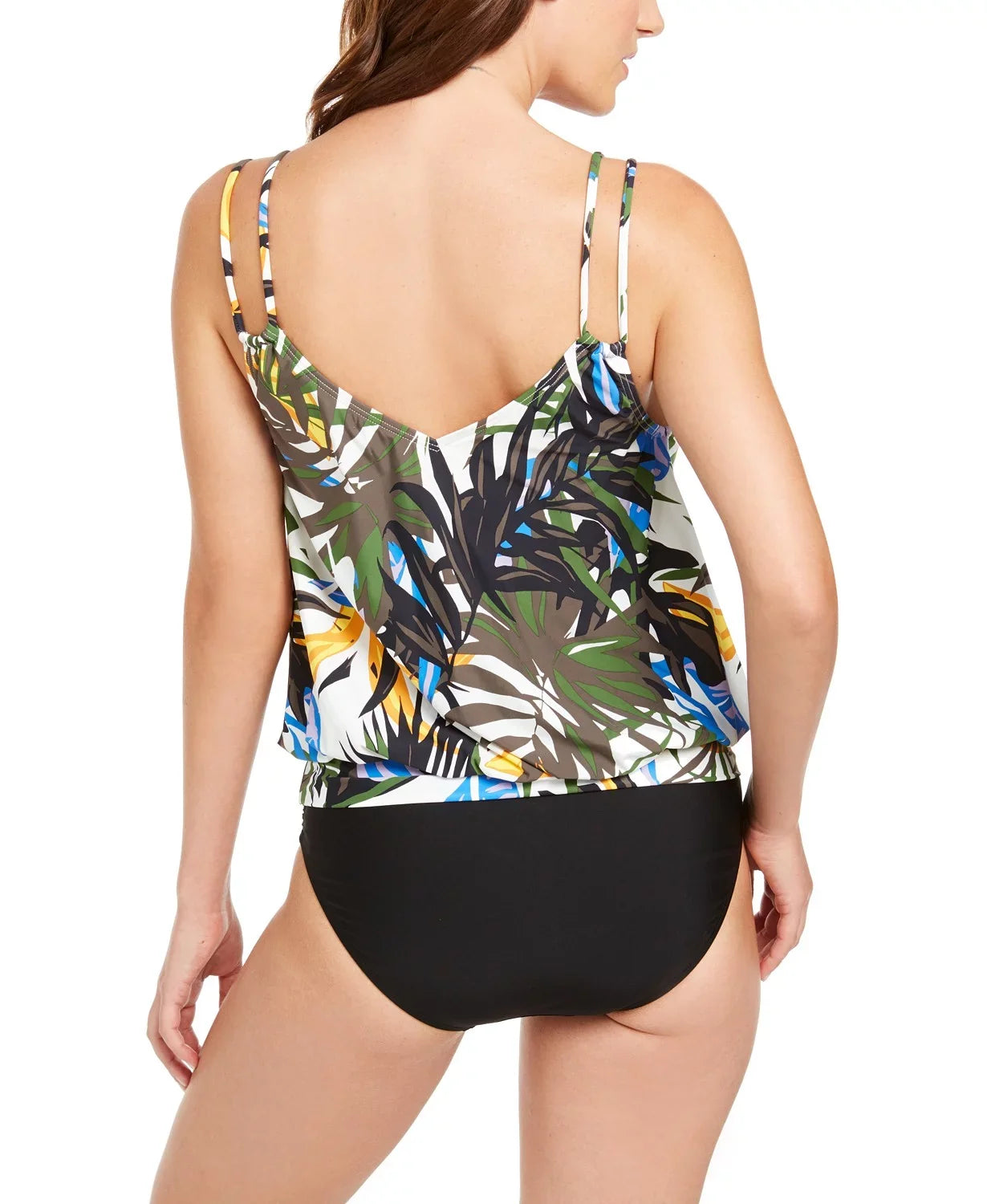 Calvin Klein OLIVE MULTI TROPIC RAINFOREST Blouson Tankini Top, US X-Small