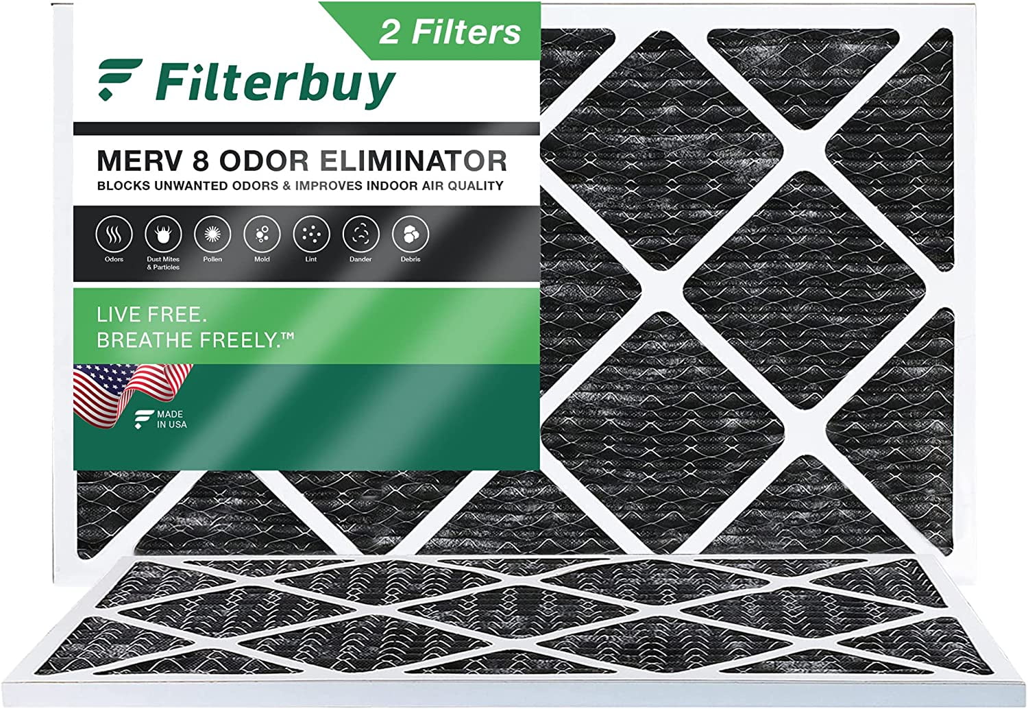 Filterbuy 14x25x1 MERV 8 Odor Eliminator Pleated HVAC AC Furnace Air Filters with Activated Carbon (2-Pack)