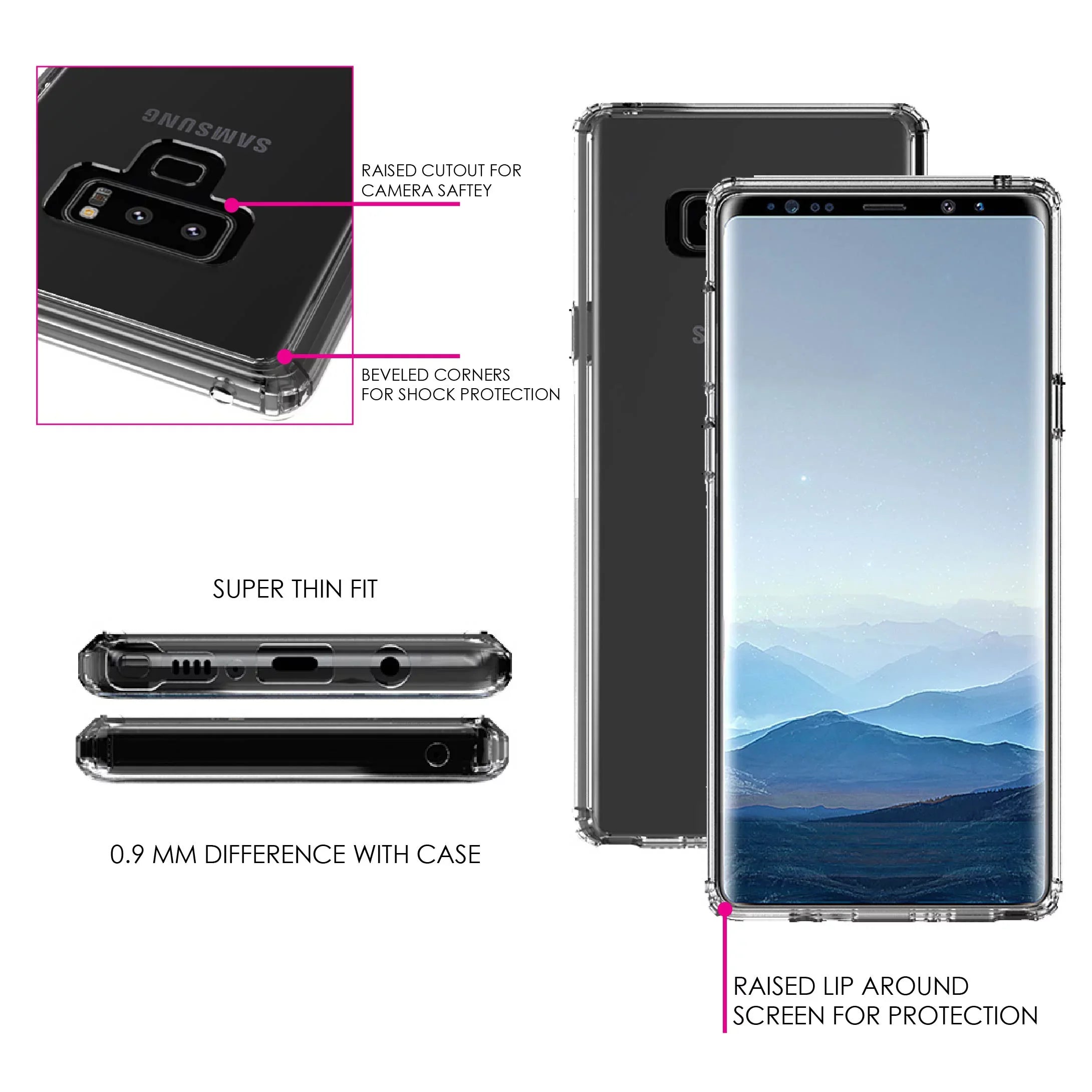 DistinctInk Clear Shockproof Hybrid Case for Samsung Galaxy Note 9 - TPU Bumper, Acrylic Back, Tempered Glass Screen Protector - Faith, Hope & Love - Cross & Leaves