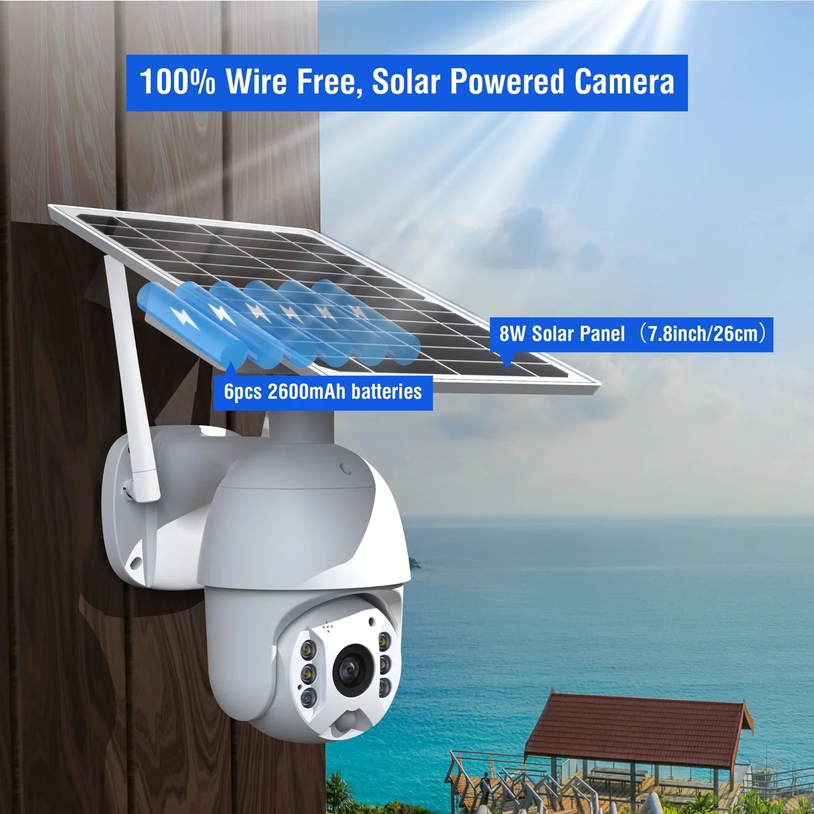 TOGUARD PTZ Security Camera Wireless Outdoor with 15600mAh Battery Solar Panel, Wifi 1080P Dome Surveillance Camera with PIR Motion Detection, Color Night Vision, 2-Way Audio