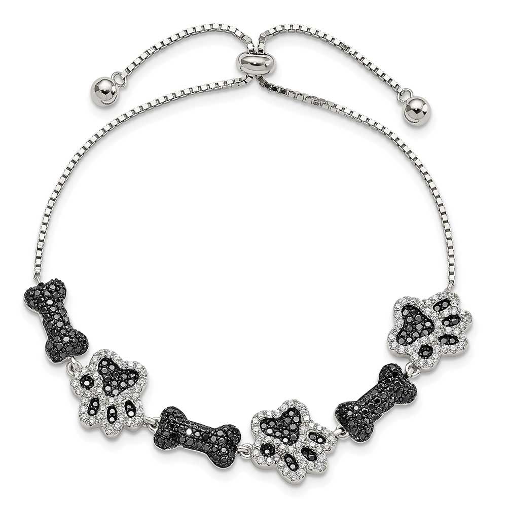 Sterling Silver Polished CZ Paw Print & Dog Bone Adj Bracelet
