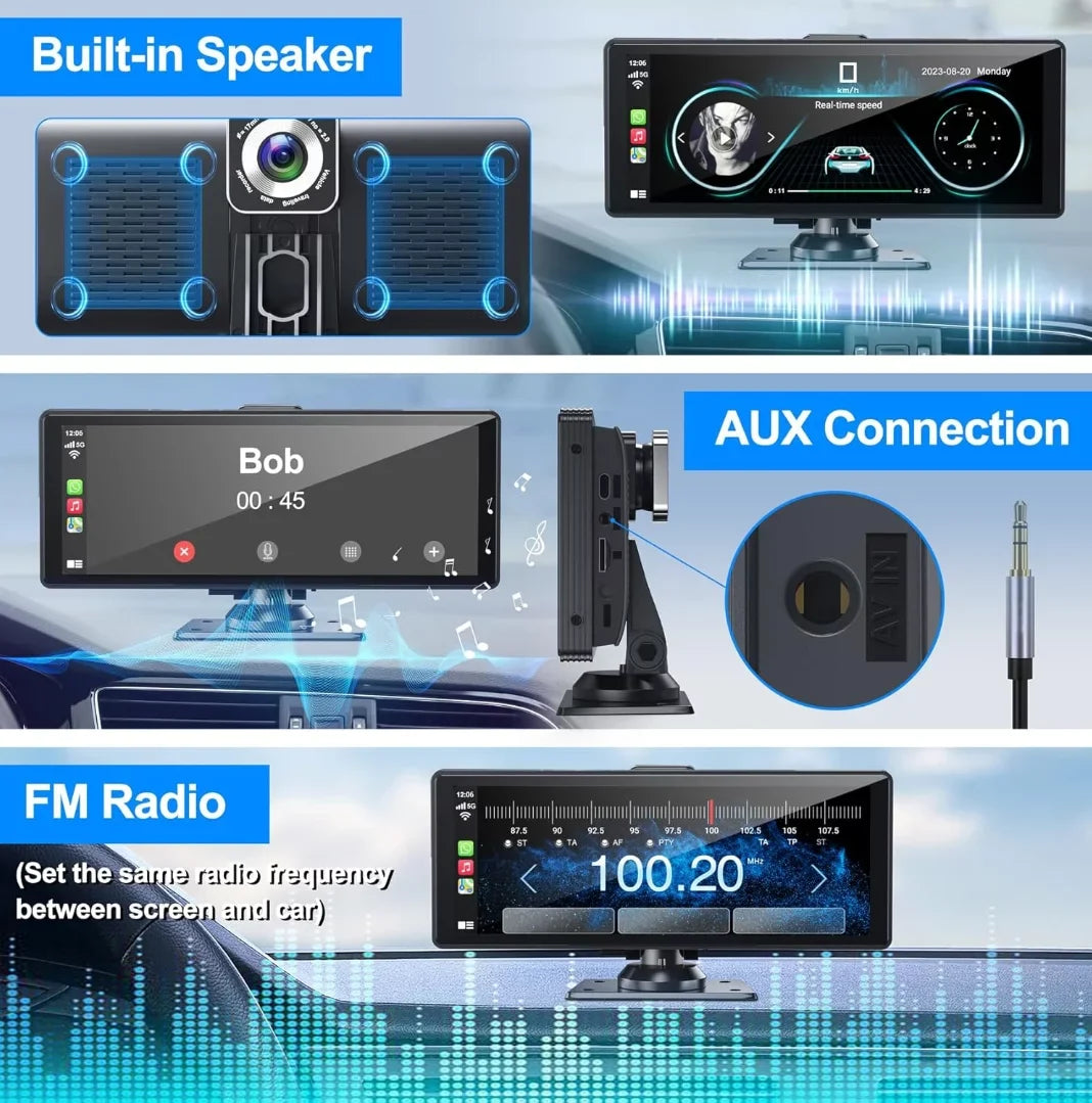 Portable Wireless Carplay& Android Auto Car Screen,10.26 Inch IPS Touchscreen with 4K Dashcam and HD Back-up Camera Support Bluetooth/Siri/Google/GPS/Mirror-Link