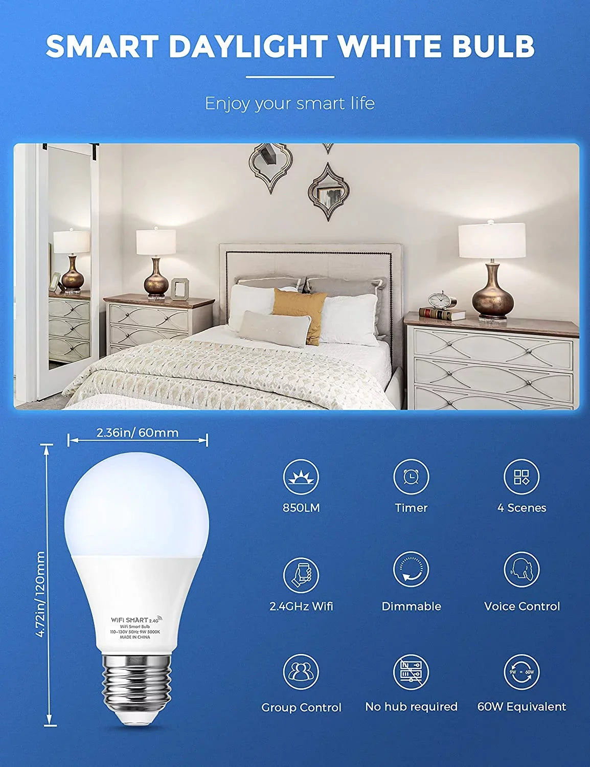 YANSUN A19 Smart Light Bulb Work with Alexa, Google Home & Siri,WiFi LED Bulb Daylight 5000K, 9W 60W, Dimmable, 850LM,4 Pack