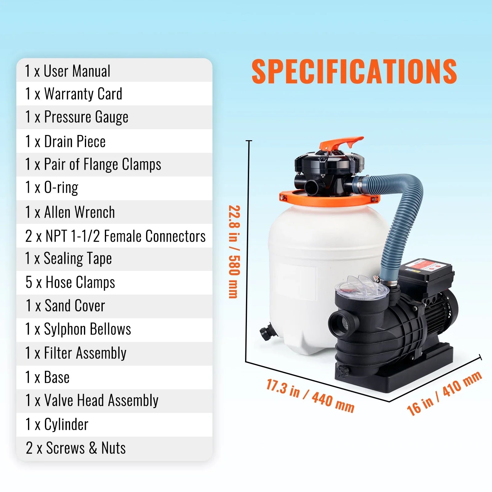 SKYSHALO 12" 6-Way Valve Sand Filter Above Ground with 1/2HP Swimming Pool Pump 3000GPH Flow