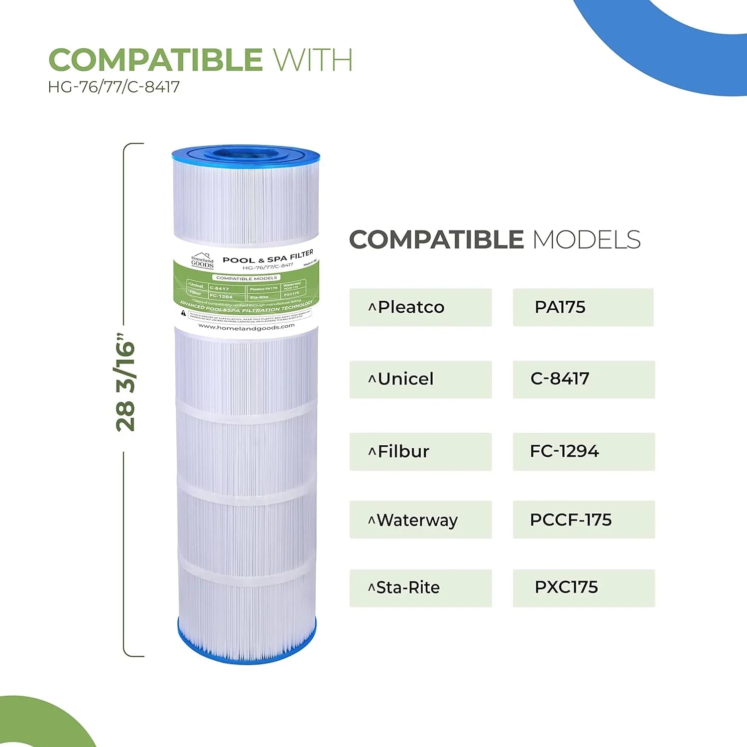 Homeland Goods PLF175A Pool Filter Replaces Hayward C1750, CX1750RE, PA175, Unicel C-8417, Filbur FC-1294, Sta-Rite PXC 175, Waterway PCCF-175, 25230-0175S, 817-0175P, 175 sqft 28 3/16" x 8 15/16" 1PK