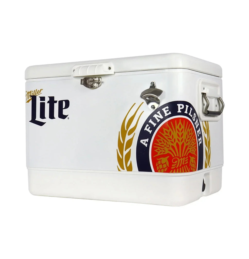 Miller Lite Ice Chest Beverage Cooler with Bottle Opener, 51L (54 QT), 85 Can steel-belted Portable Cooler, White and Blue, for Camping, Beach, RV, BBQs, Tailgating, Fishing