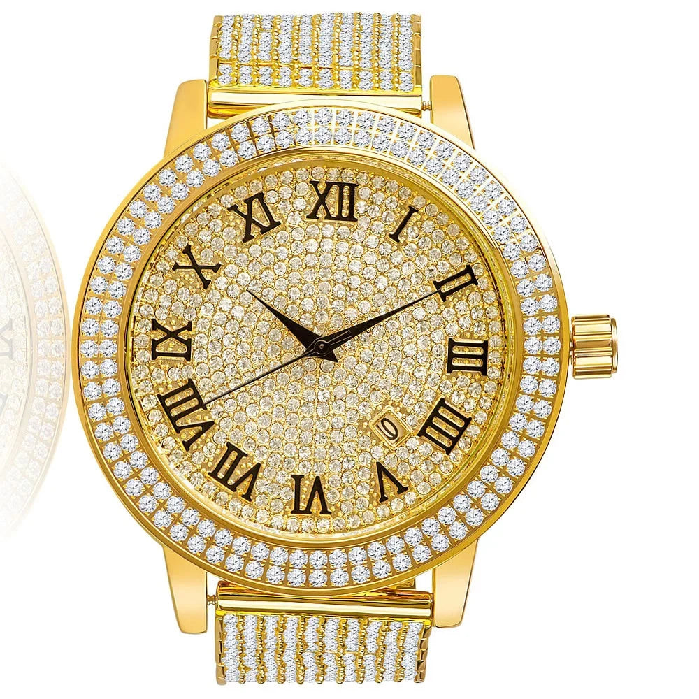 Roman Face Simulated Diamonds Yellow Gold Tone Custom Joe Rodeo Jojo Jojino Khronos Watch W/Date Function