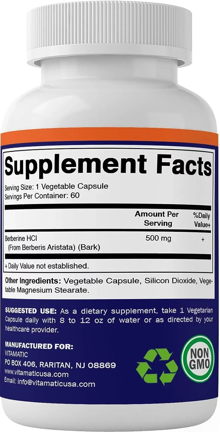 Vitamatic Berberine Supplement 500mg - 60 Vegetable Capsules - Made in The USA - Gluten Free - Non-GMO (3 Bottles)