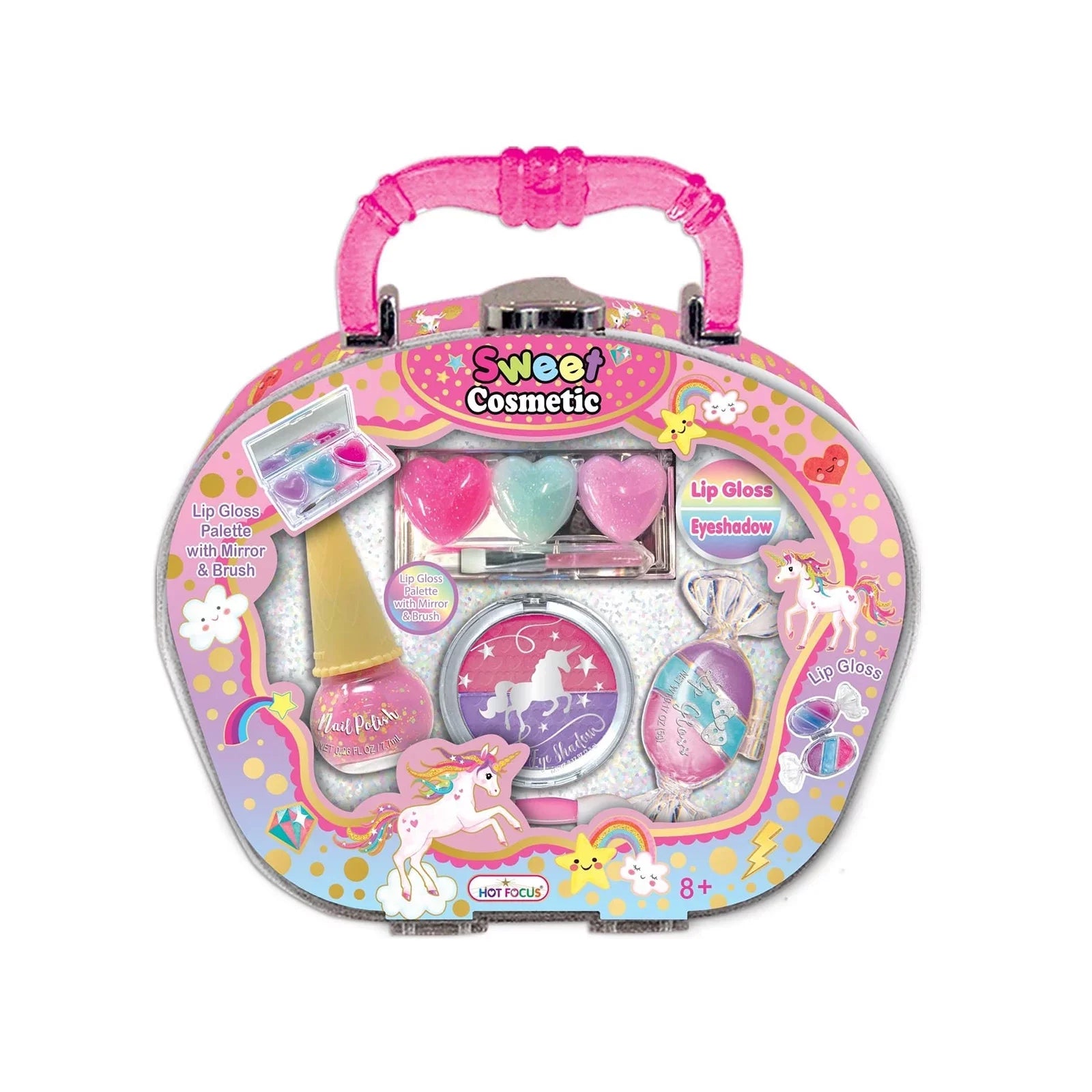 Hot Focus Sweet Cosmetic Unicorn Lip Gloss Palette Mirror And Brush Set