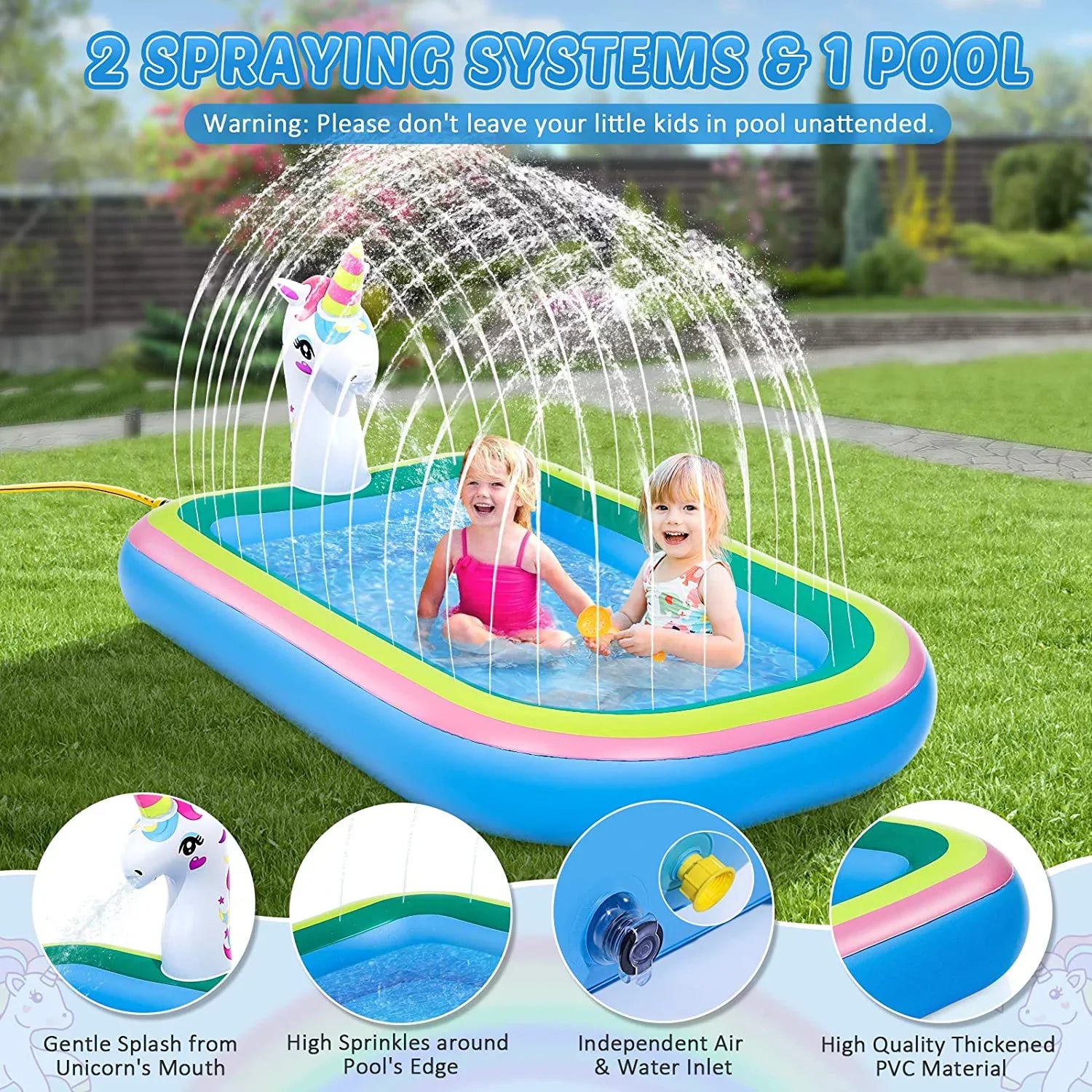 Intera Unicorn Sprinkler Pools for Kids, Splash Pad Inflatable Kiddie Pool for Outside, Splash Mat Baby Paddling Pool for Backyard, Water Sprinkler Toys Games for Summer Outdoor Toddlers Play - 68"