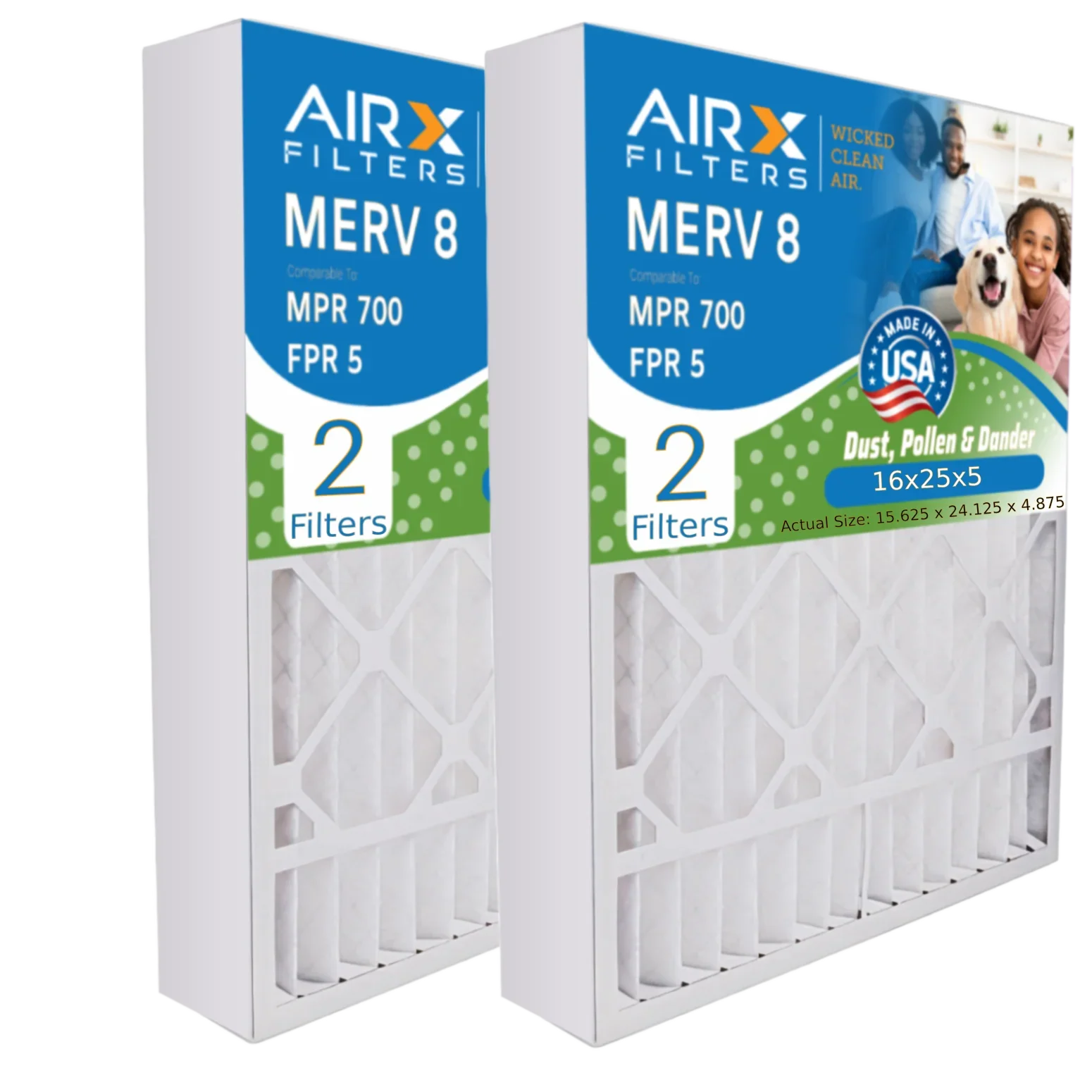 16x25x5 Air Filter MERV 8 Comparable to MPR 700 & FPR 5 Compatible with ReservePro 4511 Premium USA Made 16x25x5 Furnace Filter 2 Pack by AIRX FILTERS WICKED CLEAN AIR.
