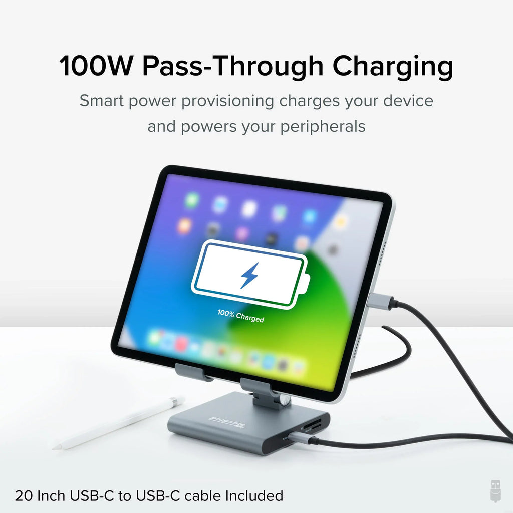 Plugable 8-in-1 USB C Docking Station for iPad with Stand, 100W Pass-through Charging USB-C Hub, 1x HDMI, 2x USB, Audio, and SD, Compatible with Windows, iPadOS, USB-C Phones, and Tablets