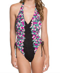 BETSEY JOHNSON Women's Floral Pattern One Piece Swimsuit, Black, Large