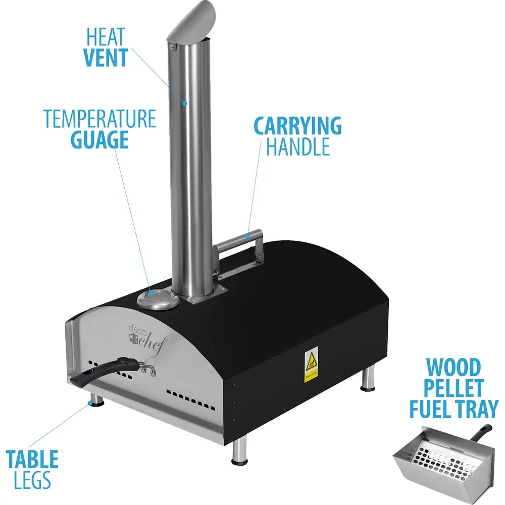 Open Box Deco Chef Outdoor Pizza Oven with 2-in-1 Pizza and Grill Oven Functionality, 13" Pizza Stone, 3-Layer Stainless Steel Construction, Pizza Peel, Dough Scraper, Scoop, Slotted Grill (Black)