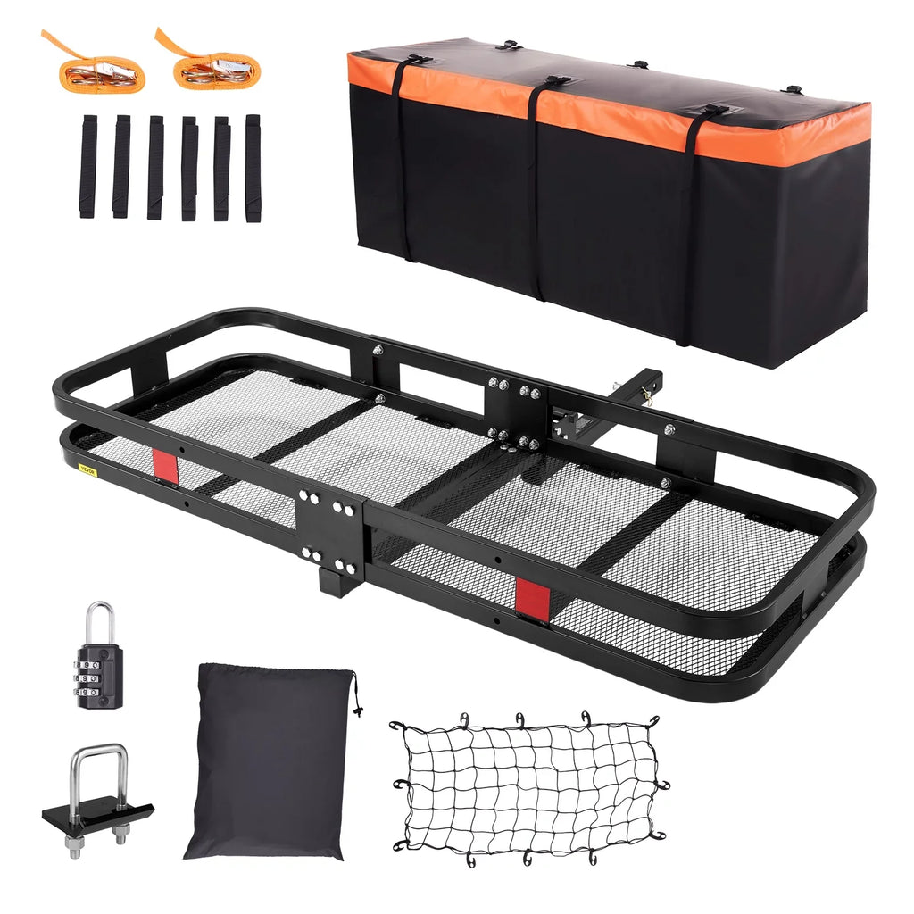 BENTISM Hitch Mount Cargo Carrier 60x24x6in 500lb Foldable Steel Cargo Basket with Waterproof Bag Cargo Net Ratchet Straps Fits 2" Receiver
