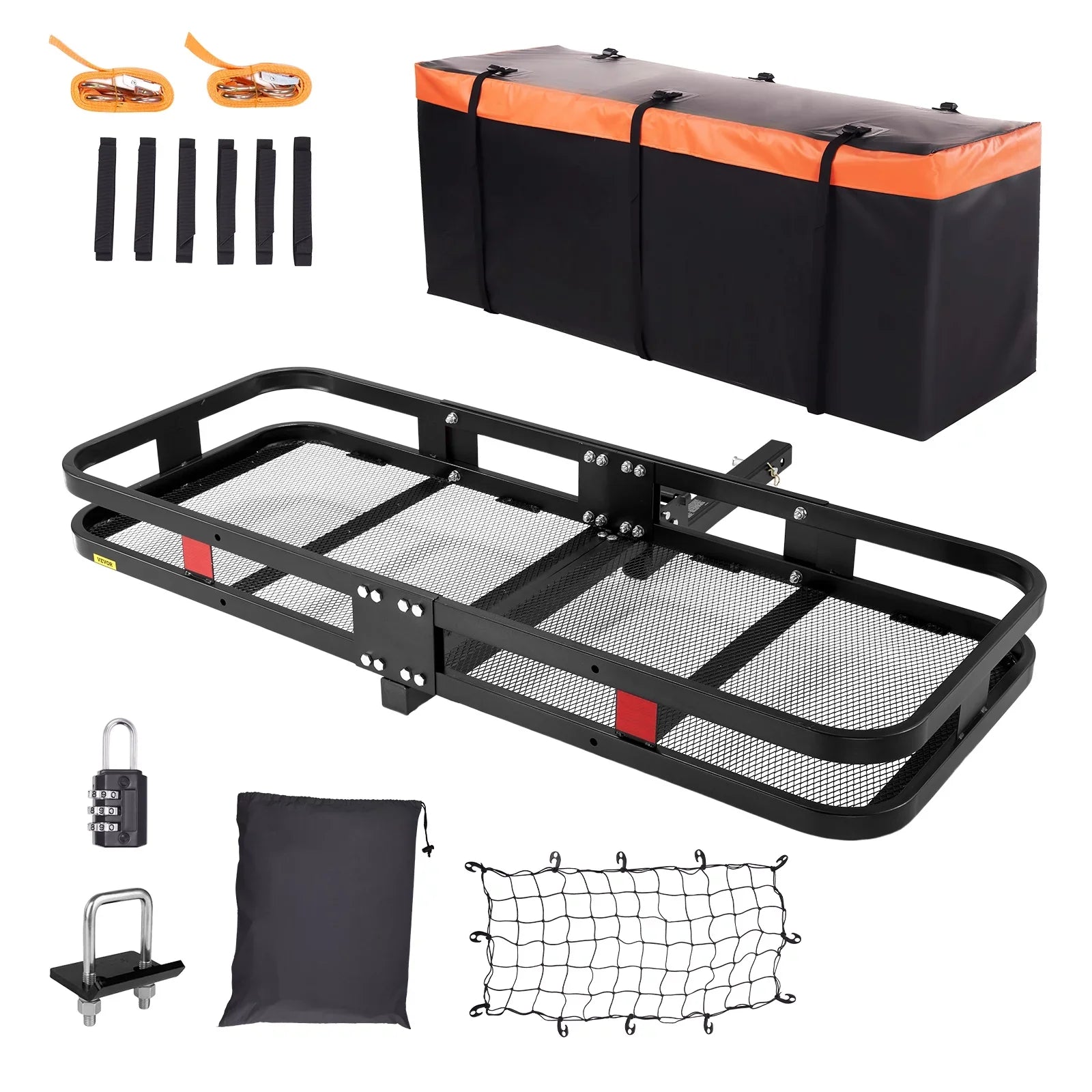 BENTISM Hitch Mount Cargo Carrier 60x24x6in 500lb Foldable Steel Cargo Basket with Waterproof Bag Cargo Net Ratchet Straps Fits 2" Receiver
