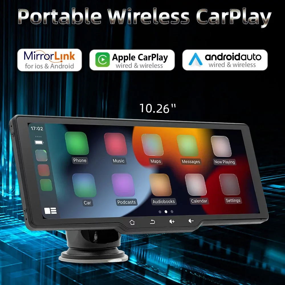 moobody Portable Wireless CarPlay Multi-language Car Video Recorder Car Camera Auto Camcorder 10.26in Car Rearview Camera Mobilephone APP Control Car MultiMedia Player