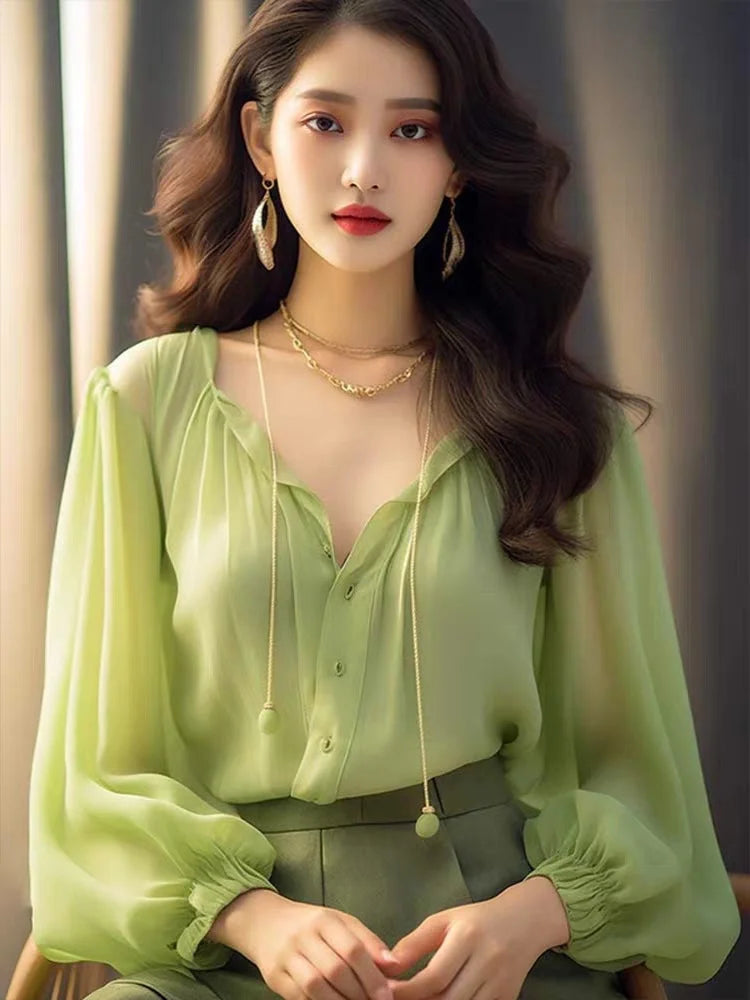 Spring Style Women'S Fashionable Blouse. V-Neck Mint Mambo Shirt With French Style Chiffon Top Underneath.