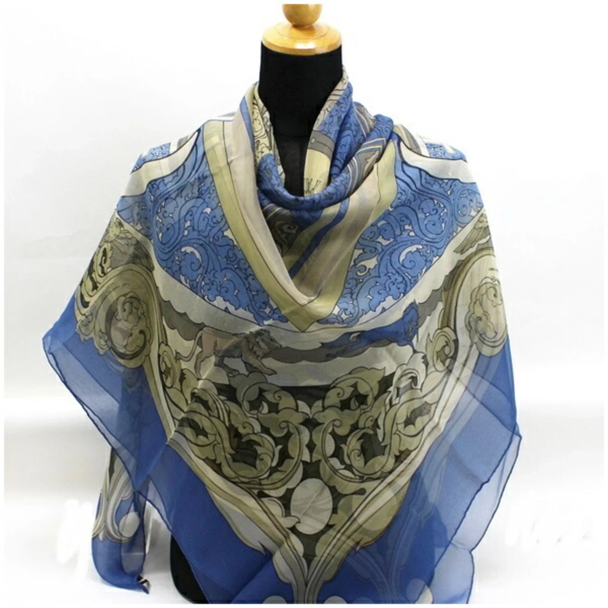 Pre-Owned Hermes Silk Scarf Muffler Carre 140 "ANIMAUX SOLAIRES" Animals of the Sun Blue HERMES Ladies Chiffon (Good)