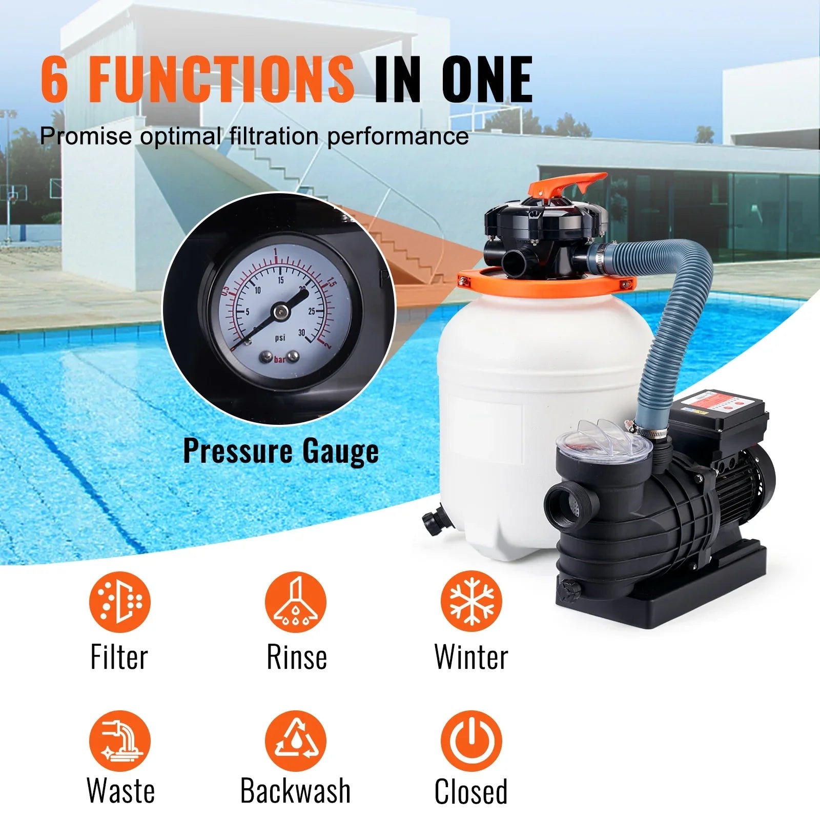 SKYSHALO 12" 6-Way Valve Sand Filter Above Ground with 1/2HP Swimming Pool Pump 3000GPH Flow