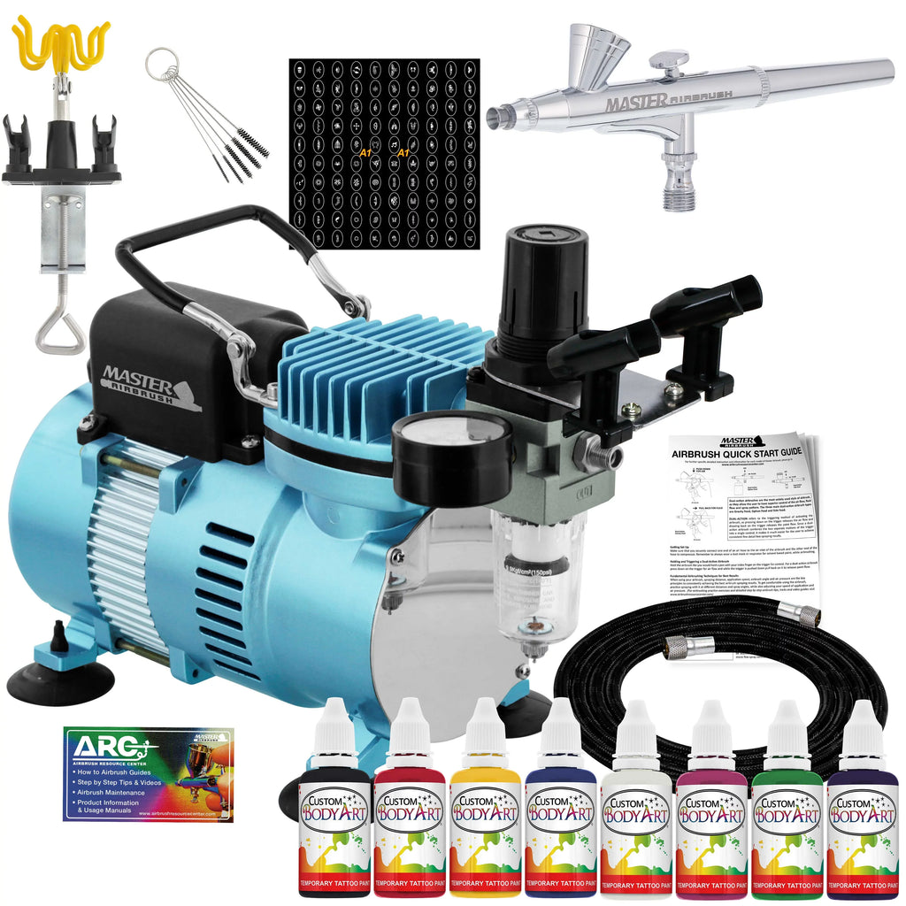 Master Airbrush Air Compressor Custom Body Art System Kit with Airbrush, 8 Color Temporary Tattoo Paint Set, 100 Stencil
